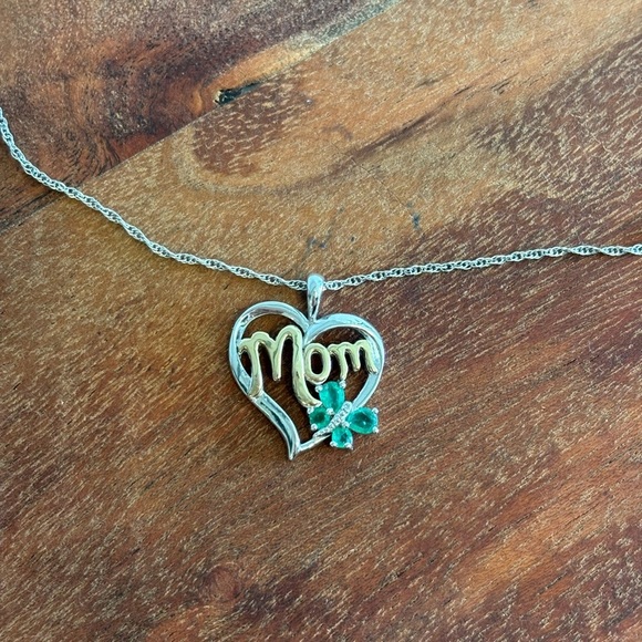 Mom Heart Pendant Necklace Diamond Emerald Accent 14K Yellow 925 Silver - Picture 2 of 9